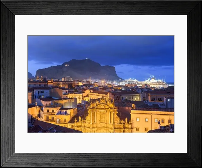 Framed Print : Palermo, Sicily rooftop cityscape towards Mt. Pellegrino and the port at twilight Framed Print : Palermo, Sicily rooftop cityscape towards Mt. Pellegrino and the port at twilight