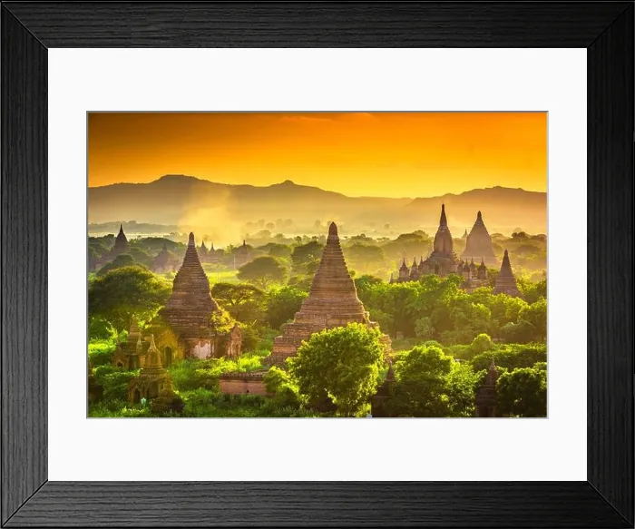 Framed Print : Bagan, Myanmar temples in the Archaeological Zone at dusk