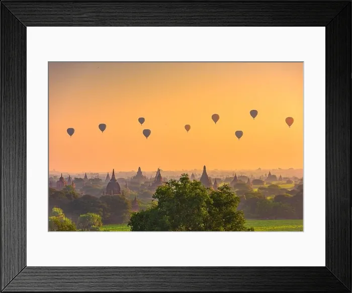 Framed Print : Bagan, Myanmar ancient temple ruins landscape in the archaeological zone at dawn with hot air balloons Framed Print : Bagan, Myanmar ancient temple ruins landscape in the archaeological zone at dawn with hot air balloons