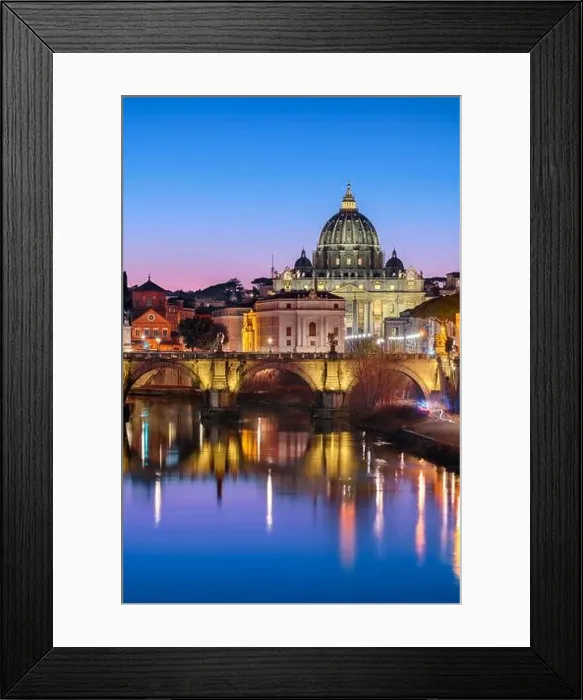 Framed Print : St. Peter's Basilica in Vatican City with the Tiber River passing through Rome, Italy at dusk Framed Print : St. Peter's Basilica in Vatican City with the Tiber River passing through Rome, Italy at dusk
