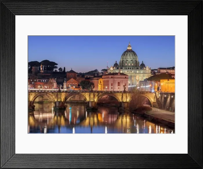 Framed Print : St. Peter's Basilica in Vatican City with the Tiber River passing through Rome, Italy at dusk Framed Print : St. Peter's Basilica in Vatican City with the Tiber River passing through Rome, Italy at dusk