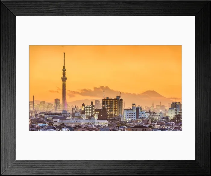 Framed Print : Tokyo, Japan neighborhoods and cityscape at dusk with the tower and Mt. Fuji in the distance Framed Print : Tokyo, Japan neighborhoods and cityscape at dusk with the tower and Mt. Fuji in the distance