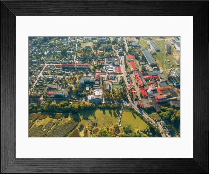 Framed Print : Dobrush, Gomel Region, Belarus. Aerial View Of Old And Modern Paper Factory. Historical Heritage In Bird's-eye View Framed Print : Dobrush, Gomel Region, Belarus. Aerial View Of Old And Modern Paper Factory. Historical Heritage In Bird's-eye View