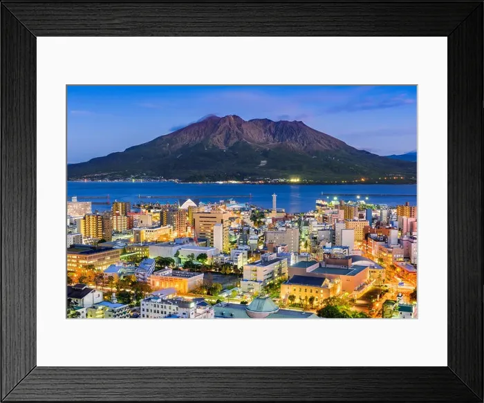 Framed Print : Kagoshima, Japan skyline with Sakurajima Volcano Framed Print : Kagoshima, Japan skyline with Sakurajima Volcano