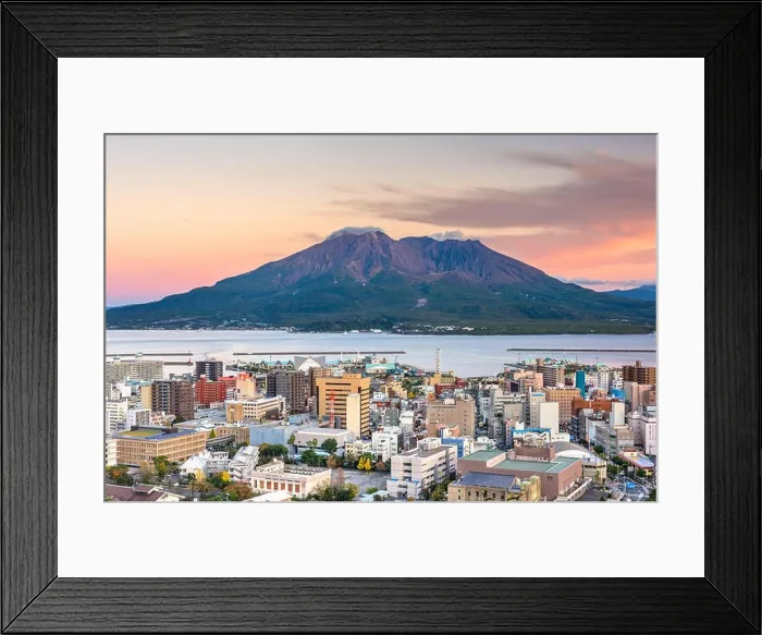 Framed Print : Kagoshima, Japan skyline with Sakurajima Volcano at dusk Framed Print : Kagoshima, Japan skyline with Sakurajima Volcano at dusk