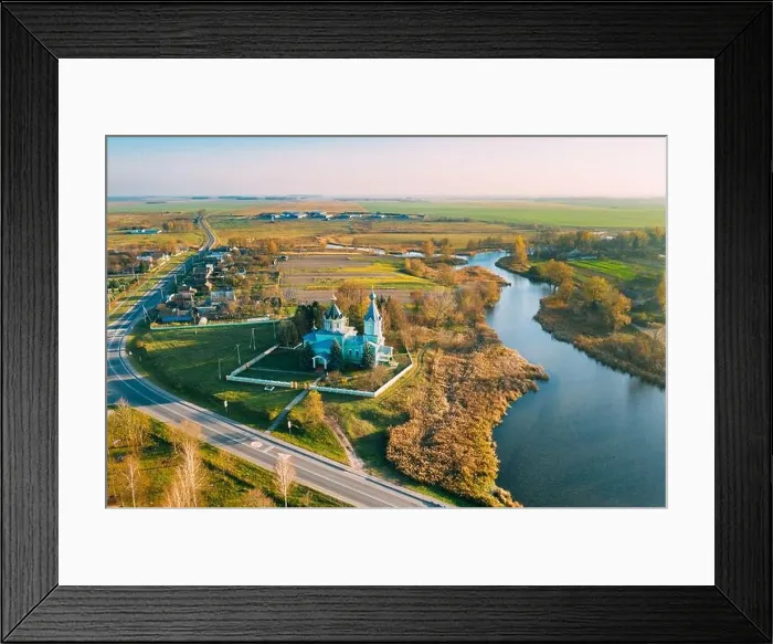 Framed Print : Krupets, Dobrush District, Gomel Region, Belarus. Aerial View Of Old Wooden Orthodox Church Of The Holy Trinity At Sunny Autumn Day