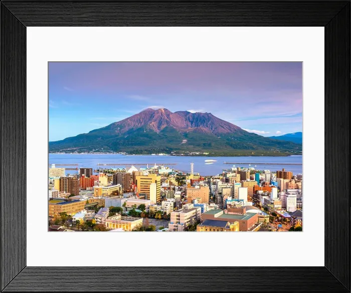 Framed Print : Kagoshima, Japan skyline with Sakurajima Volcano at dusk Framed Print : Kagoshima, Japan skyline with Sakurajima Volcano at dusk