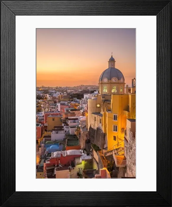 Framed Print : Procida, Italy old town skyline in the Mediterranean Sea during dusk Framed Print : Procida, Italy old town skyline in the Mediterranean Sea during dusk