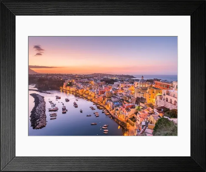 Framed Print : Procida, Italy old town skyline in the Mediterranean Sea during dusk Framed Print : Procida, Italy old town skyline in the Mediterranean Sea during dusk