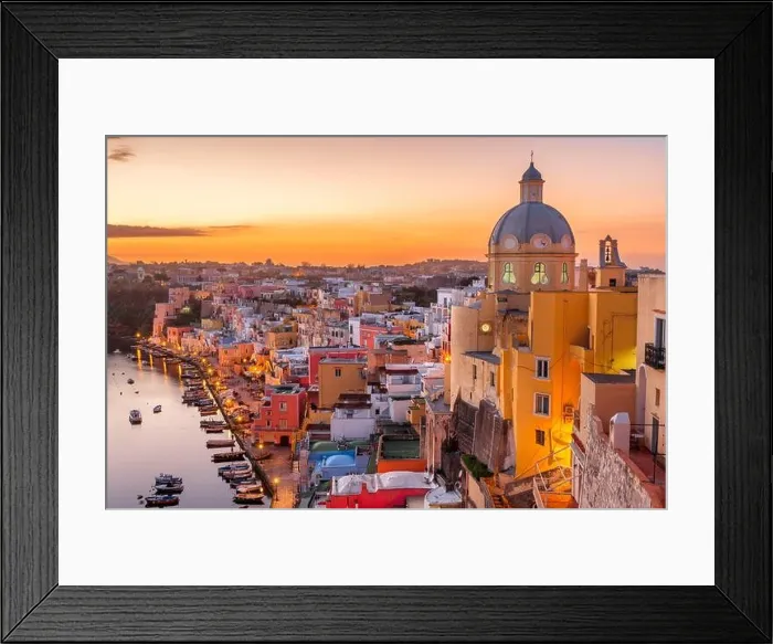 Framed Print : Procida, Italy old town skyline in the Mediterranean Sea during dusk Framed Print : Procida, Italy old town skyline in the Mediterranean Sea during dusk
