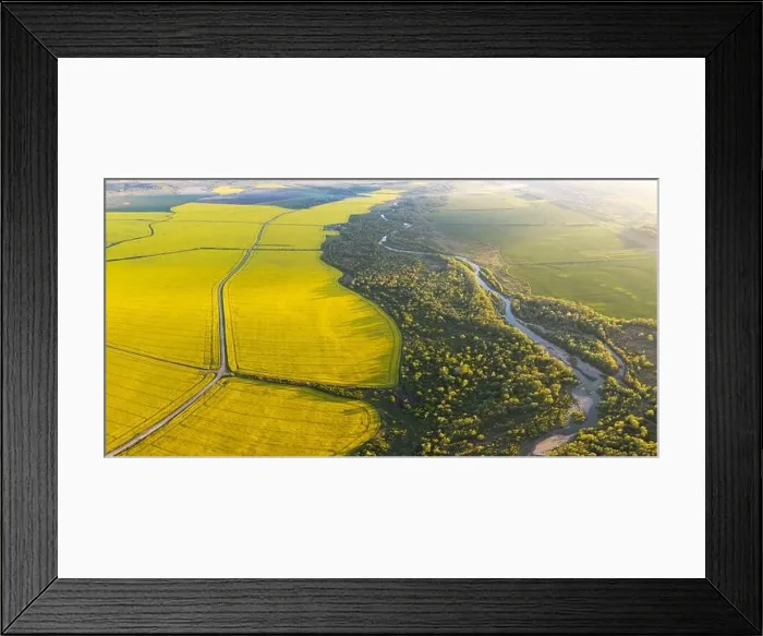Framed Print : Flight through majestic river, lush green forest and blooming yellow rapeseed fields at sunset time. Landscape photography Framed Print : Flight through majestic river, lush green forest and blooming yellow rapeseed fields at sunset time. Landscape photography