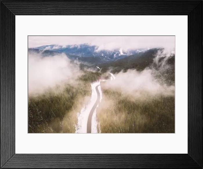 Framed Print : Flight over the winter mountains with road serpentine and snowy forest. Top down view. Landscape photography Framed Print : Flight over the winter mountains with road serpentine and snowy forest. Top down view. Landscape photography