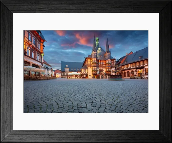 Framed Print : Wernigerode, Germany. Cityscape image of historical downtown of Wernigerode, Germany with Old Town Hall at summer sunrise Framed Print : Wernigerode, Germany. Cityscape image of historical downtown of Wernigerode, Germany with Old Town Hall at summer sunrise