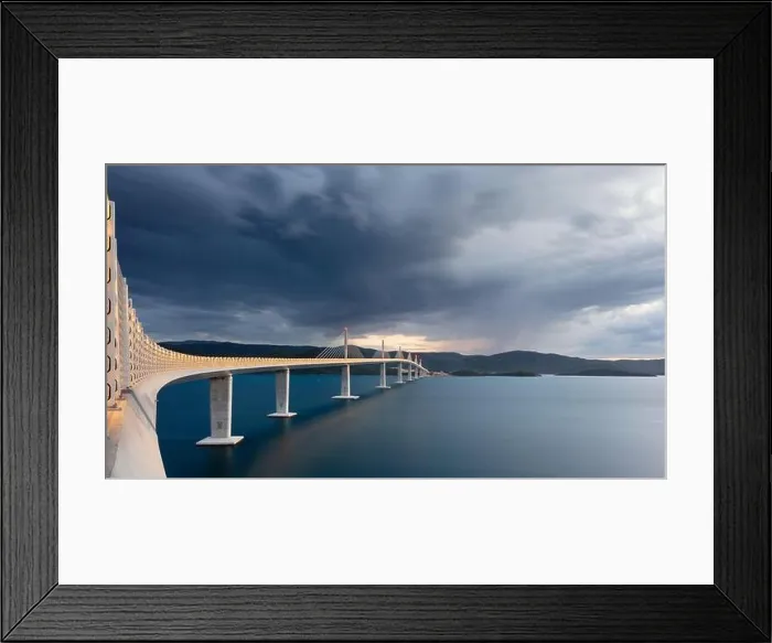 Framed Print : Peljesac Bridge, Croatia. Panoramic image of beautiful modern multi-span cable-stayed Peljesac Bridge over the sea in Dubrovnik-Neretva County, Croati Framed Print : Peljesac Bridge, Croatia. Panoramic image of beautiful modern multi-span cable-stayed Peljesac Bridge over the sea in Dubrovnik-Neretva County, Croati