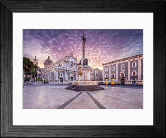 Framed Print : Catania, Sicily, Italy. Cityscape image of Duomo Square in Catania, Sicily with Cathedral of Saint Agatha at sunrise Framed Print : Catania, Sicily, Italy. Cityscape image of Duomo Square in Catania, Sicily with Cathedral of Saint Agatha at sunrise