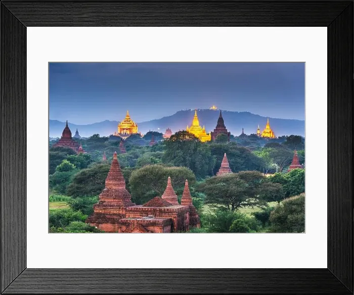 Framed Print : Bagan, Myanmar temples in the Archaeological Zone at dusk
