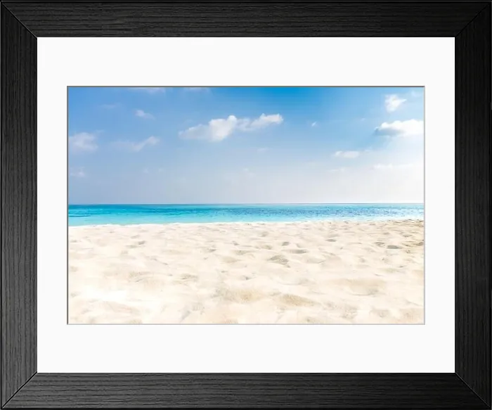 Framed Print : Summer beach background. Sand and sea and sky. Empty tropical beach background. Horizon with sky and white sand Framed Print : Summer beach background. Sand and sea and sky. Empty tropical beach background. Horizon with sky and white sand