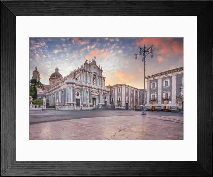Framed Print : Catania, Sicily, Italy. Cityscape image of Duomo Square in Catania, Sicily with Cathedral of Saint Agatha at sunrise Framed Print : Catania, Sicily, Italy. Cityscape image of Duomo Square in Catania, Sicily with Cathedral of Saint Agatha at sunrise