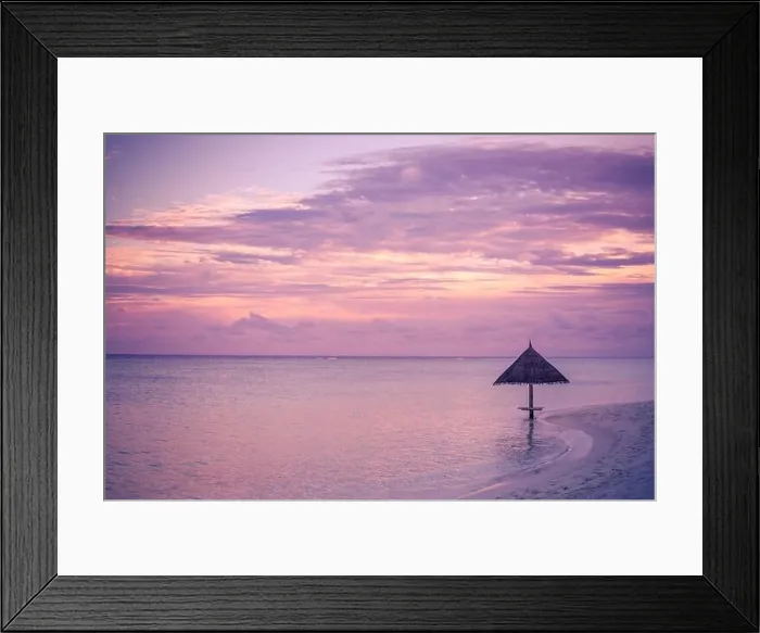 Framed Print : Sea sunset and wooden parasol on the beach, colorful sky and seascape Framed Print : Sea sunset and wooden parasol on the beach, colorful sky and seascape