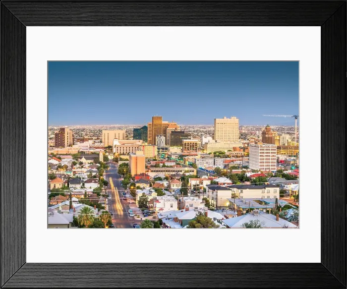 Framed Print : El Paso, Texas, USA downtown city skyline at dusk with Juarez, Mexico in the distance Framed Print : El Paso, Texas, USA downtown city skyline at dusk with Juarez, Mexico in the distance