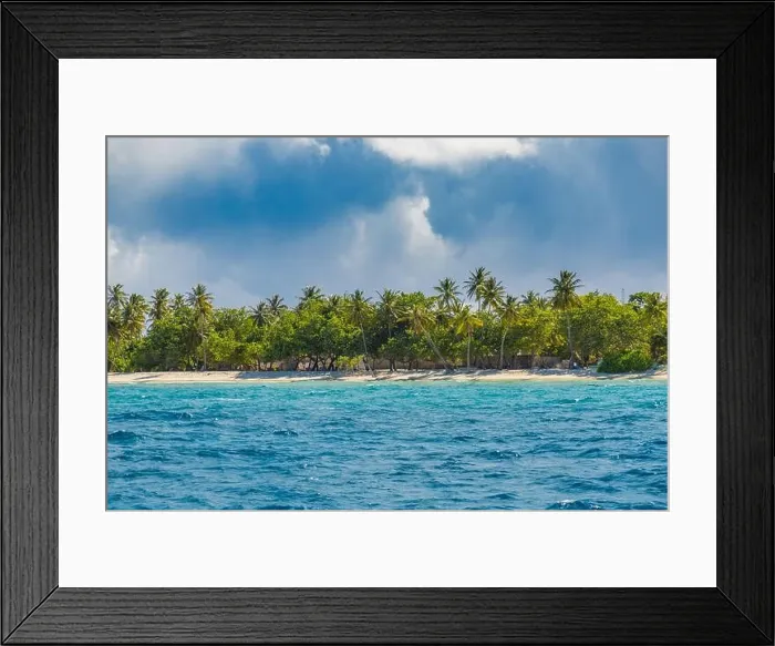 Framed Print : Overcast tropical beach with white sand, palm trees, turquoise ocean against cloudy sky with waves on sunny summer day. Perfect landscape background Framed Print : Overcast tropical beach with white sand, palm trees, turquoise ocean against cloudy sky with waves on sunny summer day. Perfect landscape background