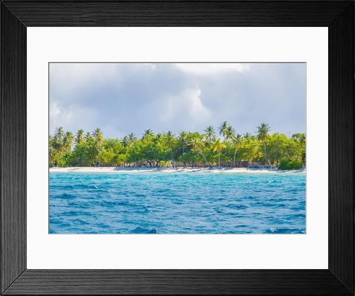 Framed Print : Overcast tropical beach with white sand, palm trees, turquoise ocean against cloudy sky with waves on sunny summer day. Perfect landscape background Framed Print : Overcast tropical beach with white sand, palm trees, turquoise ocean against cloudy sky with waves on sunny summer day. Perfect landscape background