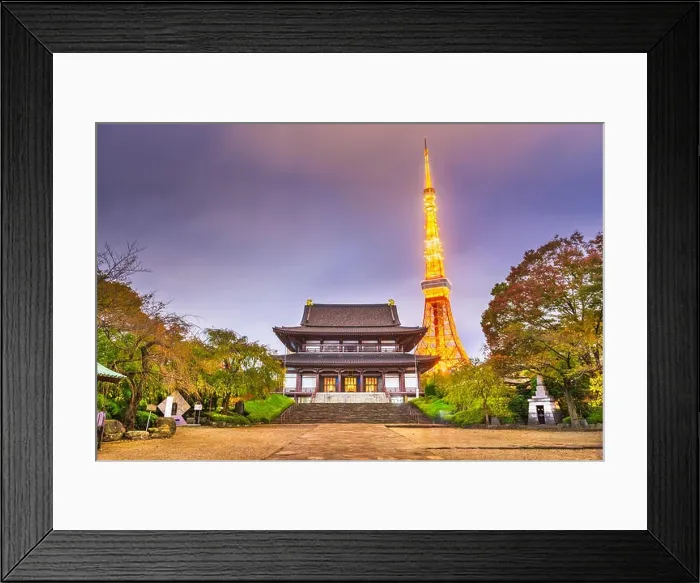Framed Print : Tokyo, Japan tower and temple at dusk in autumn Framed Print : Tokyo, Japan tower and temple at dusk in autumn