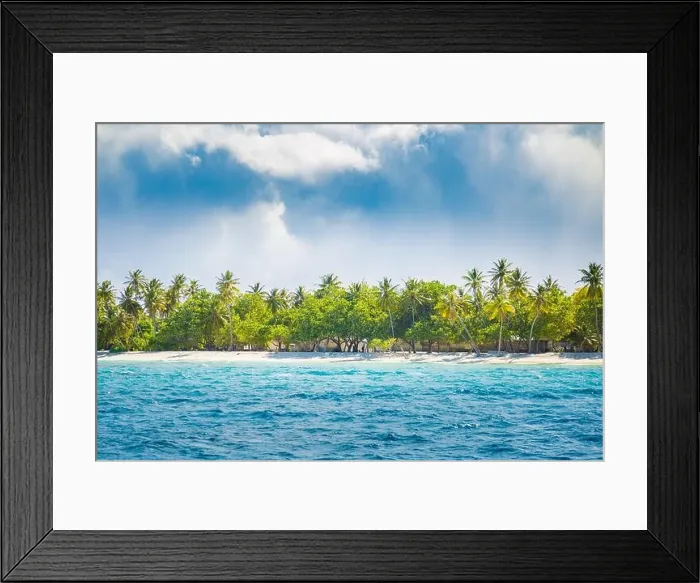 Framed Print : Overcast tropical beach with white sand, palm trees, turquoise ocean against cloudy sky with waves on sunny summer day. Perfect landscape background Framed Print : Overcast tropical beach with white sand, palm trees, turquoise ocean against cloudy sky with waves on sunny summer day. Perfect landscape background