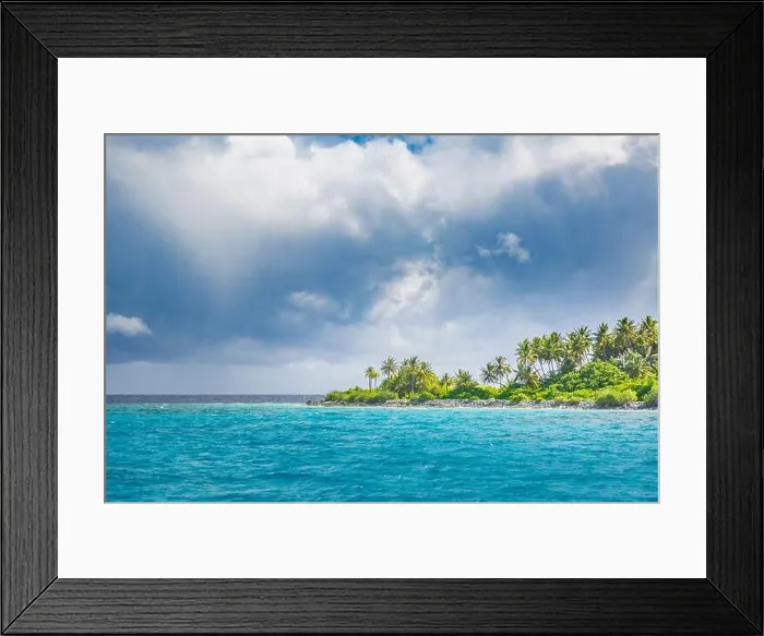 Framed Print : Overcast tropical beach with white sand, palm trees, turquoise ocean against cloudy sky with waves on sunny summer day. Perfect landscape background Framed Print : Overcast tropical beach with white sand, palm trees, turquoise ocean against cloudy sky with waves on sunny summer day. Perfect landscape background