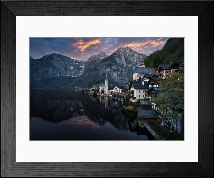 Framed Print : Scenic picture-postcard view of famous Hallstatt mountain village in the Austrian Alps at beautiful sunset light in spring, Salzkammergut region, Hall Framed Print : Scenic picture-postcard view of famous Hallstatt mountain village in the Austrian Alps at beautiful sunset light in spring, Salzkammergut region, Hall