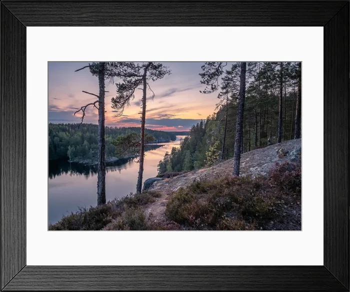 Framed Print : Scenic forest landscape with tarnquil mood and idyllic sunset at summer evening in Finland Framed Print : Scenic forest landscape with tarnquil mood and idyllic sunset at summer evening in Finland