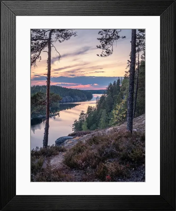 Framed Print : Scenic forest landscape with tarnquil mood and idyllic sunset at summer evening in Finland Framed Print : Scenic forest landscape with tarnquil mood and idyllic sunset at summer evening in Finland