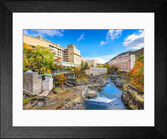 Framed Print : Jozankei, Japan inns and river skyline during the autumn Framed Print : Jozankei, Japan inns and river skyline during the autumn