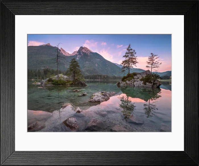 Framed Print : Scenin tranquil landscape with mountain, lake and sunset at summer evening in National park Berchtesgaden, Germany Framed Print : Scenin tranquil landscape with mountain, lake and sunset at summer evening in National park Berchtesgaden, Germany