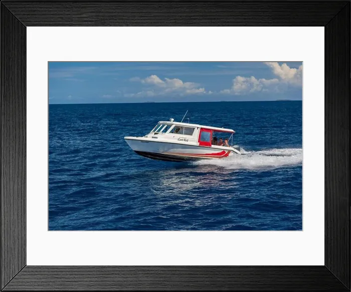 Framed Print : Ari Atoll, Maldives - December 17, 2015: Tourist speedboat fast cruising in the sea at Maldives, Indian Ocean. Speed boat docking to pick up tourists Framed Print : Ari Atoll, Maldives - December 17, 2015: Tourist speedboat fast cruising in the sea at Maldives, Indian Ocean. Speed boat docking to pick up tourists