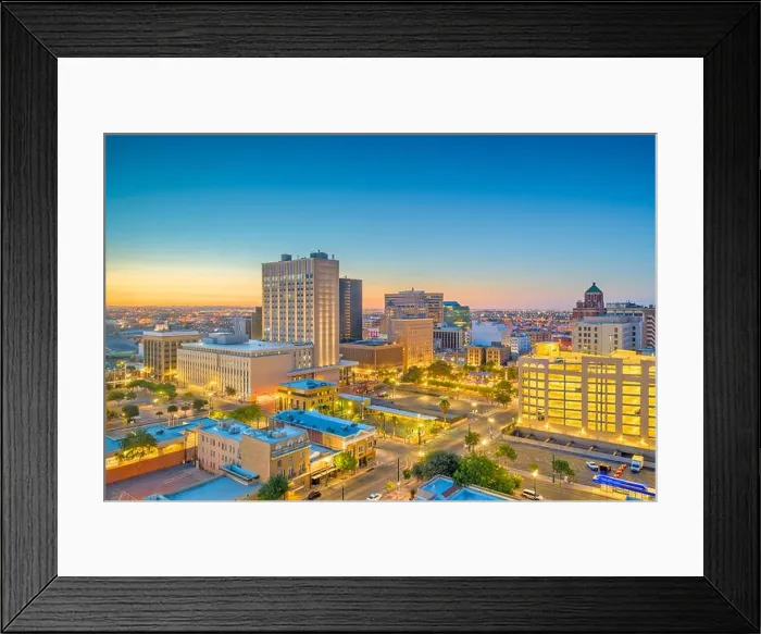 Framed Print : El Paso, Texas, USA downtown city skyline at dusk with Juarez, Mexico in the distance Framed Print : El Paso, Texas, USA downtown city skyline at dusk with Juarez, Mexico in the distance