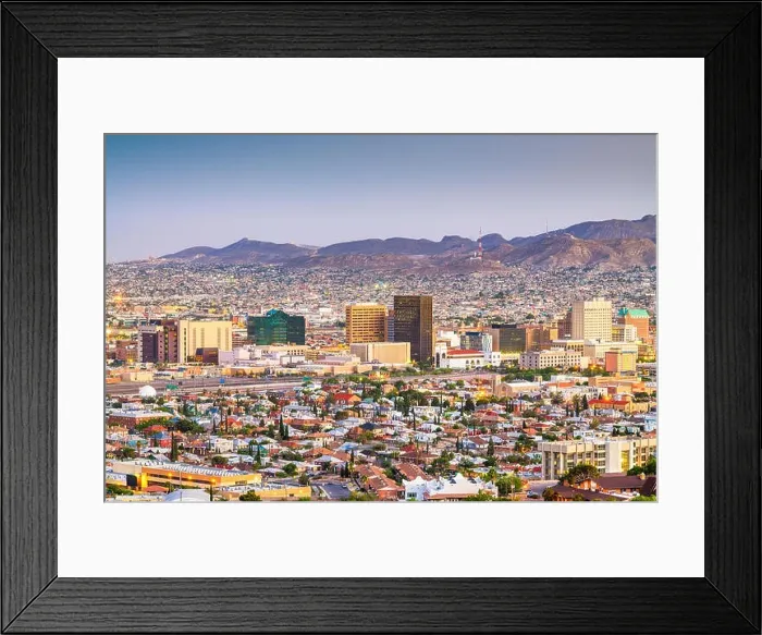Framed Print : El Paso, Texas, USA downtown city skyline at dusk with Juarez, Mexico in the distance Framed Print : El Paso, Texas, USA downtown city skyline at dusk with Juarez, Mexico in the distance