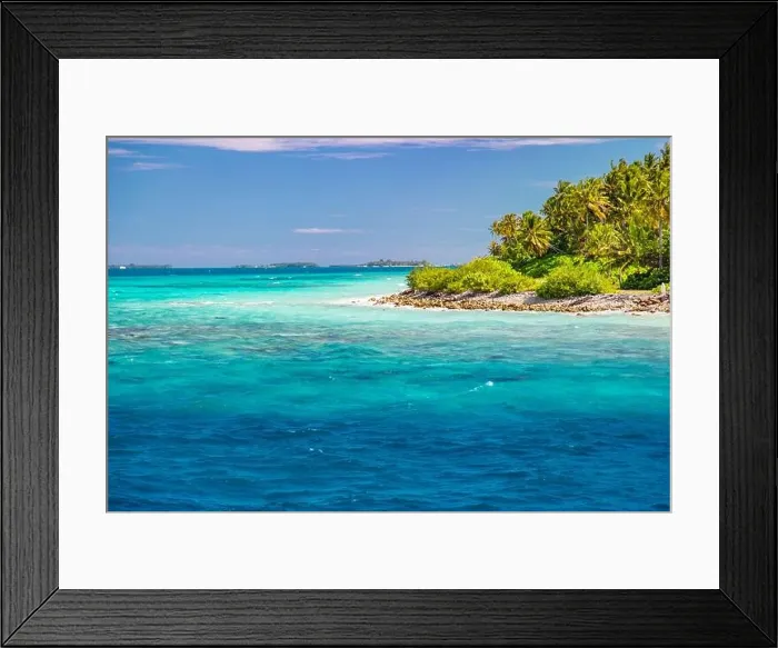 Framed Print : Panorama of tropical island with coconut palm trees on sandy beach. Maldives, Indian Ocean Framed Print : Panorama of tropical island with coconut palm trees on sandy beach. Maldives, Indian Ocean