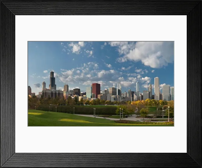 Framed Print : City of Chicago. Image of Chicago downtown skyline and park at sunset Framed Print : City of Chicago. Image of Chicago downtown skyline and park at sunset