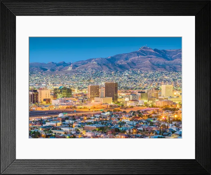 Framed Print : El Paso, Texas, USA downtown city skyline at dusk with Juarez, Mexico in the distance Framed Print : El Paso, Texas, USA downtown city skyline at dusk with Juarez, Mexico in the distance