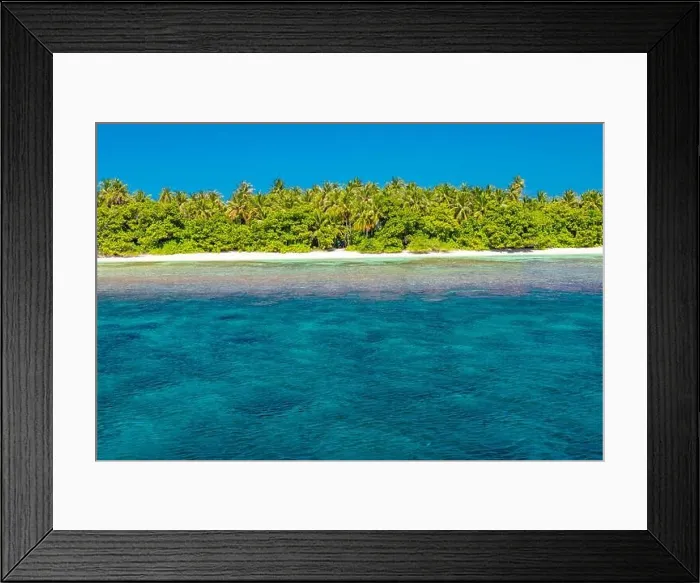 Framed Print : Tropical island paradise, layers of nature. Blue sea water with turquoise lagoon and palm trees on white sand. Exotic travel beach, summer landscape Framed Print : Tropical island paradise, layers of nature. Blue sea water with turquoise lagoon and palm trees on white sand. Exotic travel beach, summer landscape