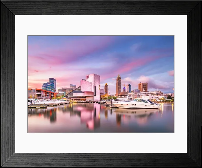 Framed Print : Cleveland, Ohio, USA downtown city skyline and harbor at twilight Framed Print : Cleveland, Ohio, USA downtown city skyline and harbor at twilight