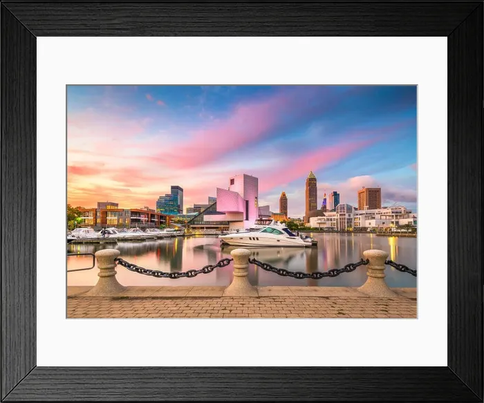Framed Print : Cleveland, Ohio, USA downtown city skyline and harbor at twilight Framed Print : Cleveland, Ohio, USA downtown city skyline and harbor at twilight