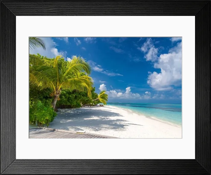 Framed Print : Luxury summer travel and vacation background. Exotic landscape destination, tropical nature foliage. Palms and calm blue sea, vibes, moods at beach Framed Print : Luxury summer travel and vacation background. Exotic landscape destination, tropical nature foliage. Palms and calm blue sea, vibes, moods at beach