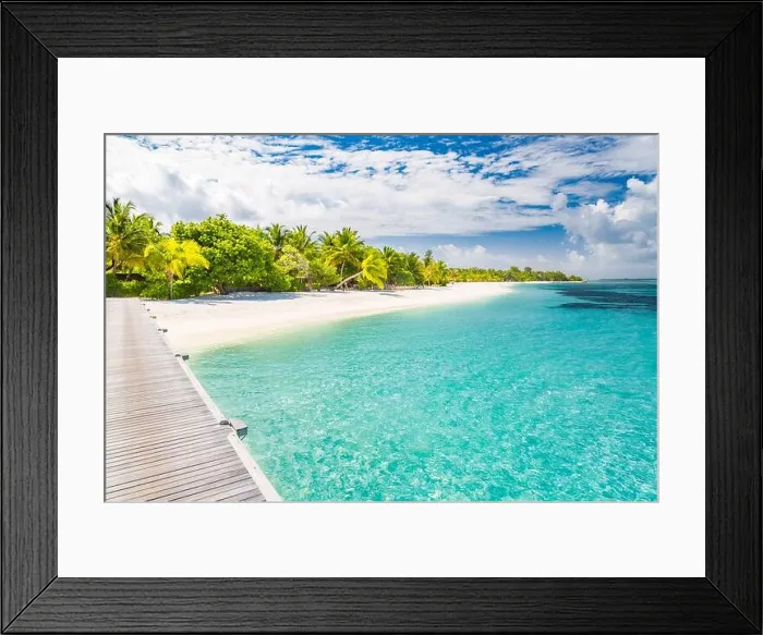 Framed Print : Luxury summer travel and vacation background. Exotic landscape destination, tropical nature foliage. Palms and calm blue sea, vibes, moods at beach Framed Print : Luxury summer travel and vacation background. Exotic landscape destination, tropical nature foliage. Palms and calm blue sea, vibes, moods at beach
