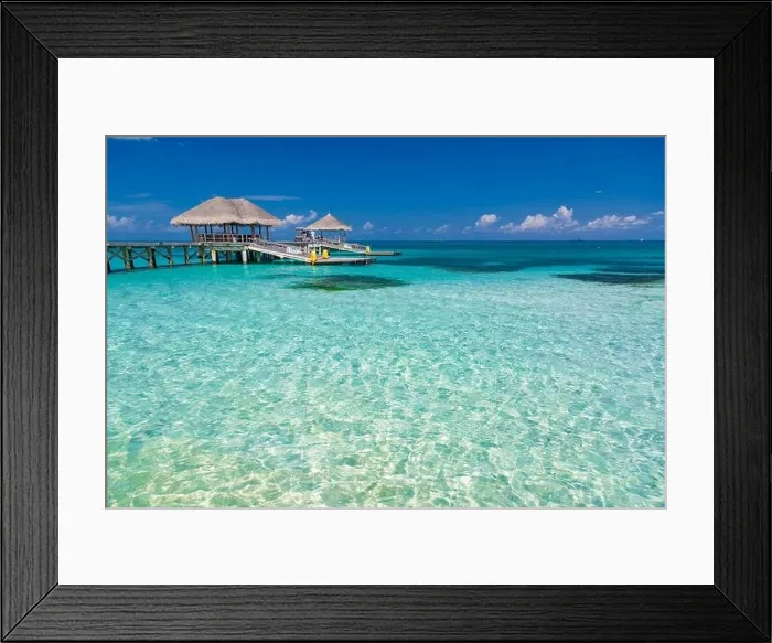 Framed Print : Tropical beach with water bungalows on the Maldives, amazing sea lagoon and seascape background. Exotic travel destination background Framed Print : Tropical beach with water bungalows on the Maldives, amazing sea lagoon and seascape background. Exotic travel destination background
