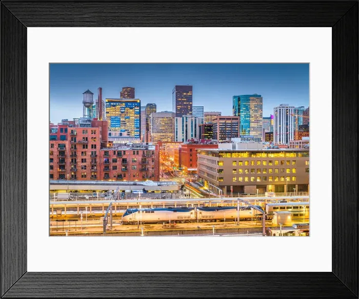 Framed Print : Denver, Colorado, USA downtown cityscape over the train station at twilight Framed Print : Denver, Colorado, USA downtown cityscape over the train station at twilight