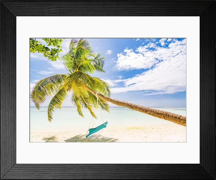 Framed Print : Beautiful beach palm trees, moody sky. Summer vacation travel holiday background concept. Maldives exotic paradise beach. Luxury travel summer holiday Framed Print : Beautiful beach palm trees, moody sky. Summer vacation travel holiday background concept. Maldives exotic paradise beach. Luxury travel summer holiday