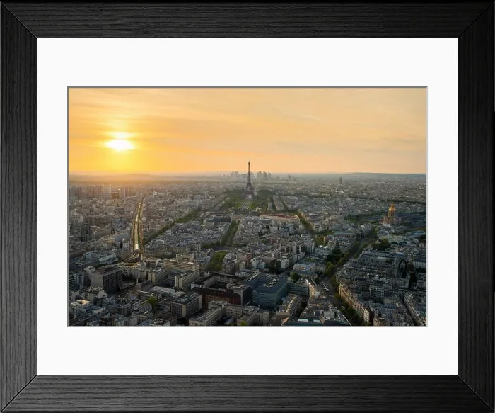 Framed Print : Aerial view of Paris with Eiffel tower at sunset in Paris, France. Eiffel tower is international landmark in Paris, France