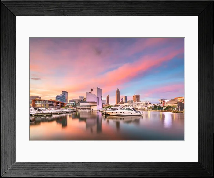 Framed Print : Cleveland, Ohio, USA downtown city skyline and harbor at twilight Framed Print : Cleveland, Ohio, USA downtown city skyline and harbor at twilight